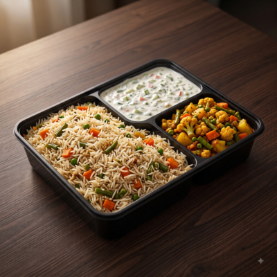 Veg Pulav Bento - (Veg Pulao , Raita and vegetable )